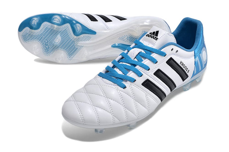 Chuteira Campo Adidas AdiPure 11 Pro FG Branca e Azul " Toni Kroos "